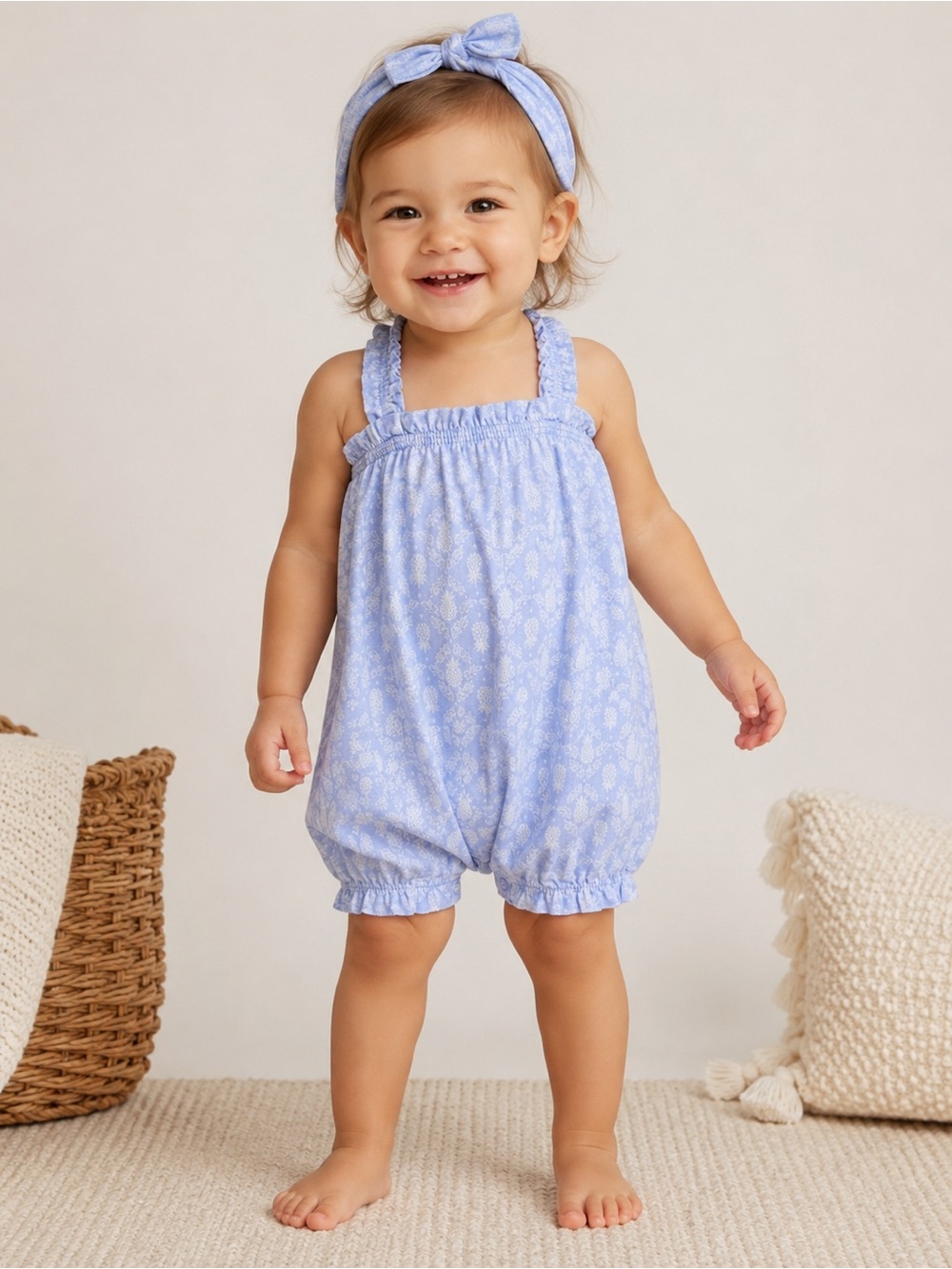 First Impressions Baby Girl Blue Chambray Pineapple Romper & Headband 24M
